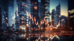 Alpha bank abstract image of financial graphs and a city skyline backdrop